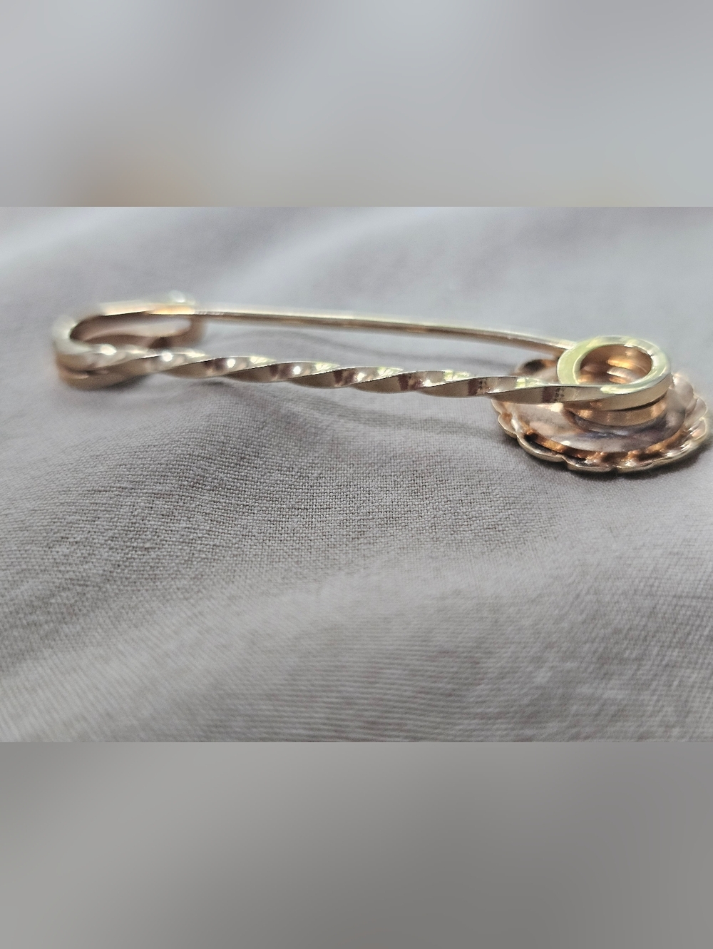 Gold Safety Pin Brooch with Textured Medallion - Picture 5 of 6